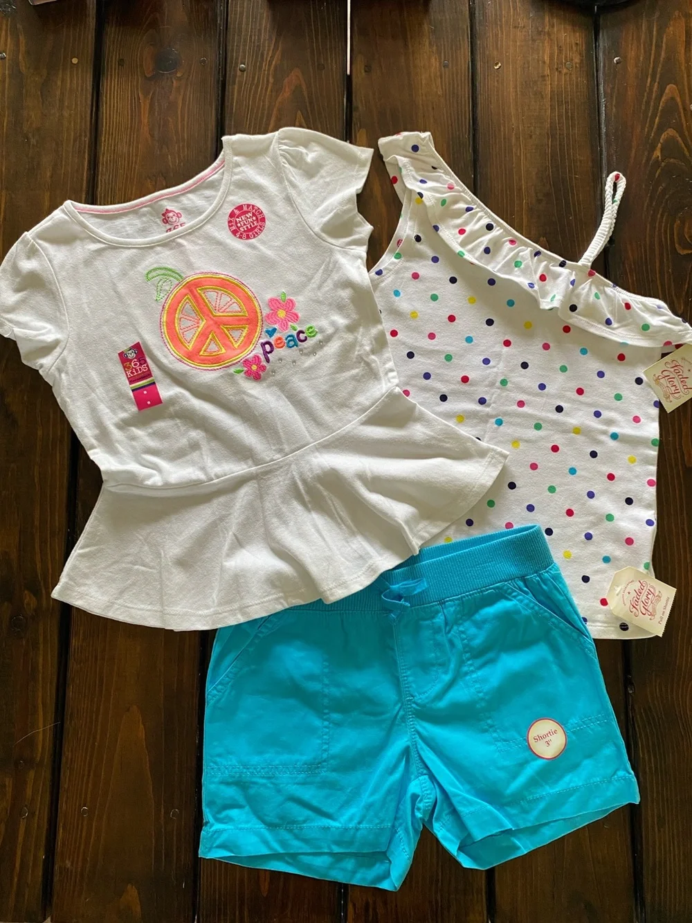 Girls White Peace Peplum Tee with Polka Dot Ruffle Tank & Turquoise Shorts New